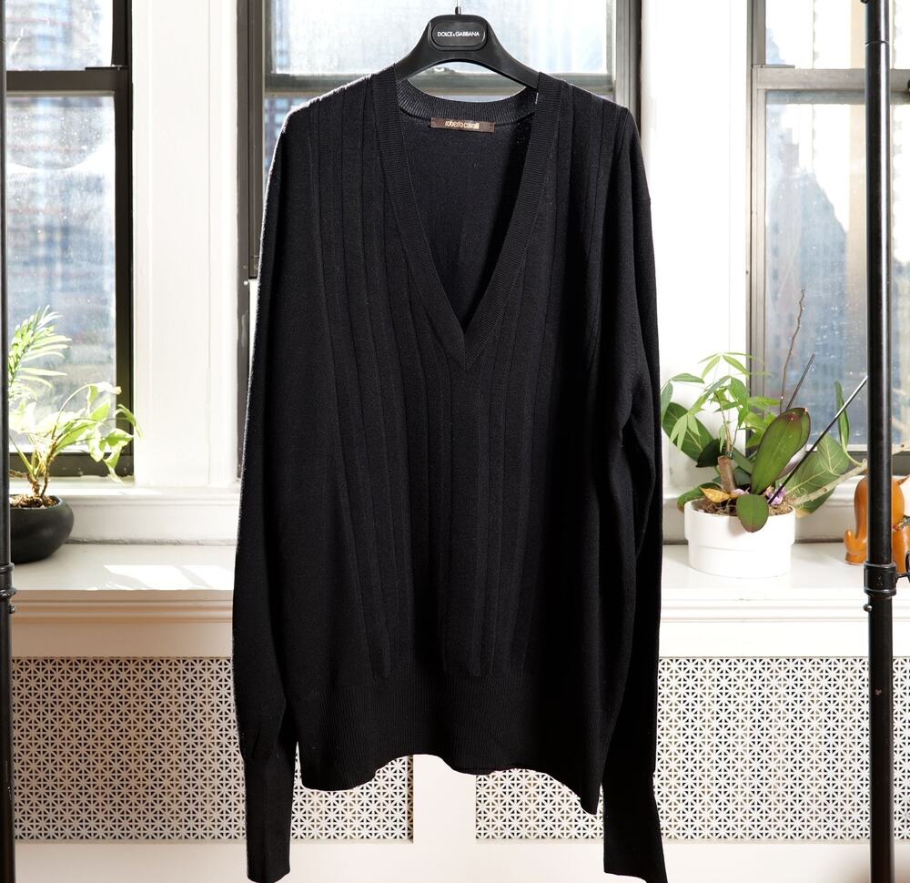 Roberto Cavalli Mens Black 90% Silk Deep V-Neck Knit Pullover Sweater (IT 52)